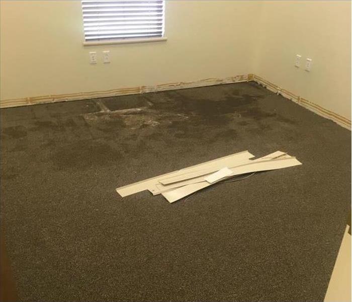 Empty carpeted room with visible water stains
